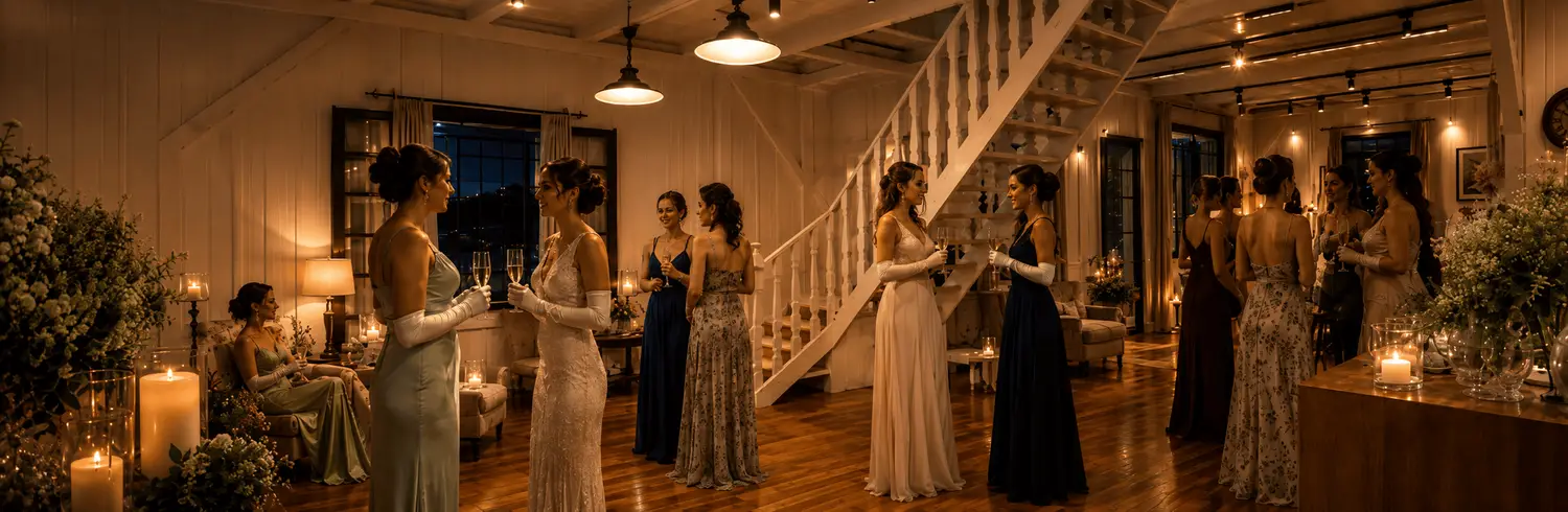 Convidadas com trajes de época no salão durante a Noite Terrazza